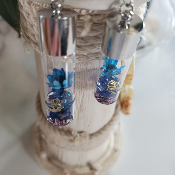 Blue Wish Flowers Glass Bottle Dangle Earrings - Picture 9 of 9